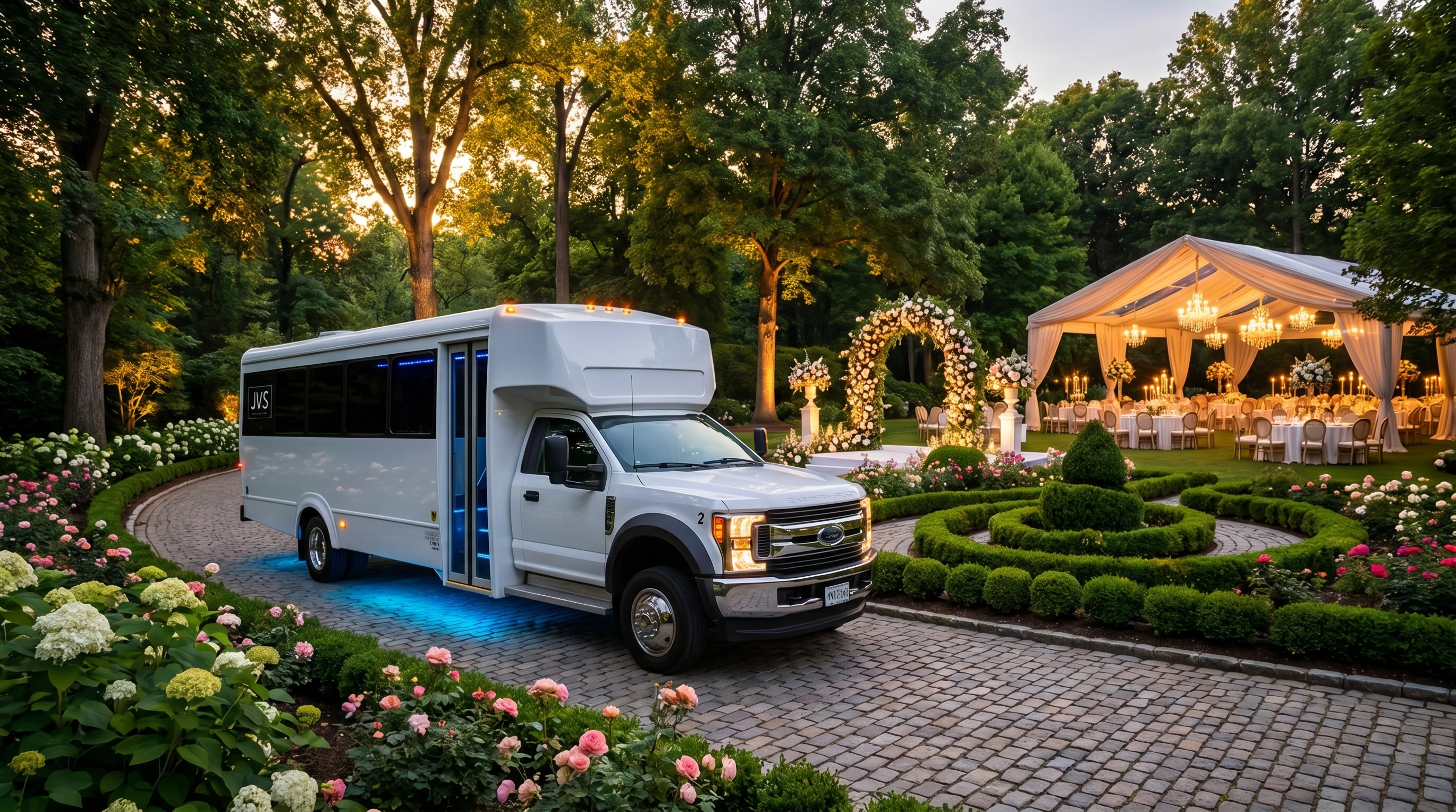 26-passenger limo party bus exterior at wedding venue JVS Services Cleveland Ohio