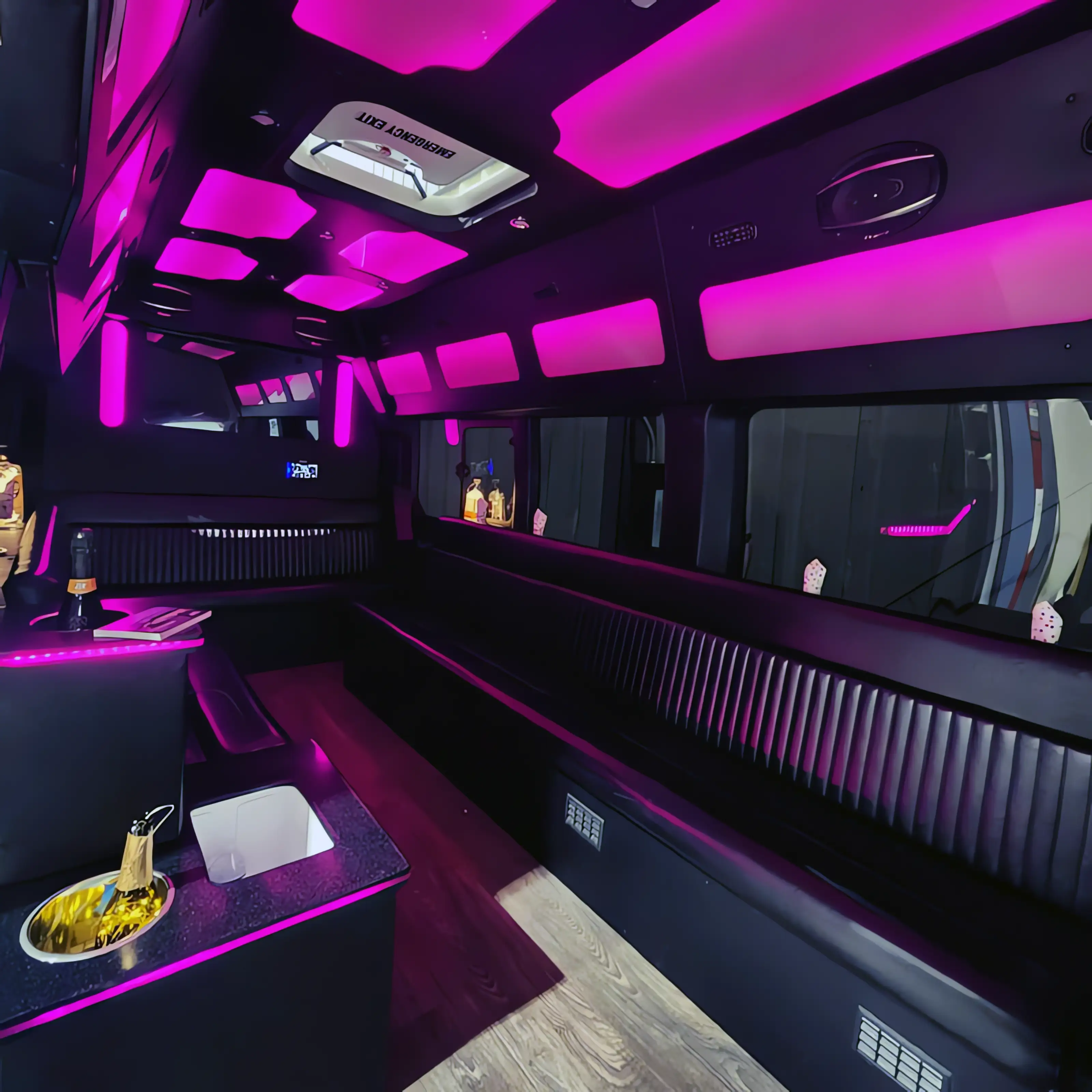 12-passenger limo party bus interior pink LED lighting JVS Services Cleveland Ohio