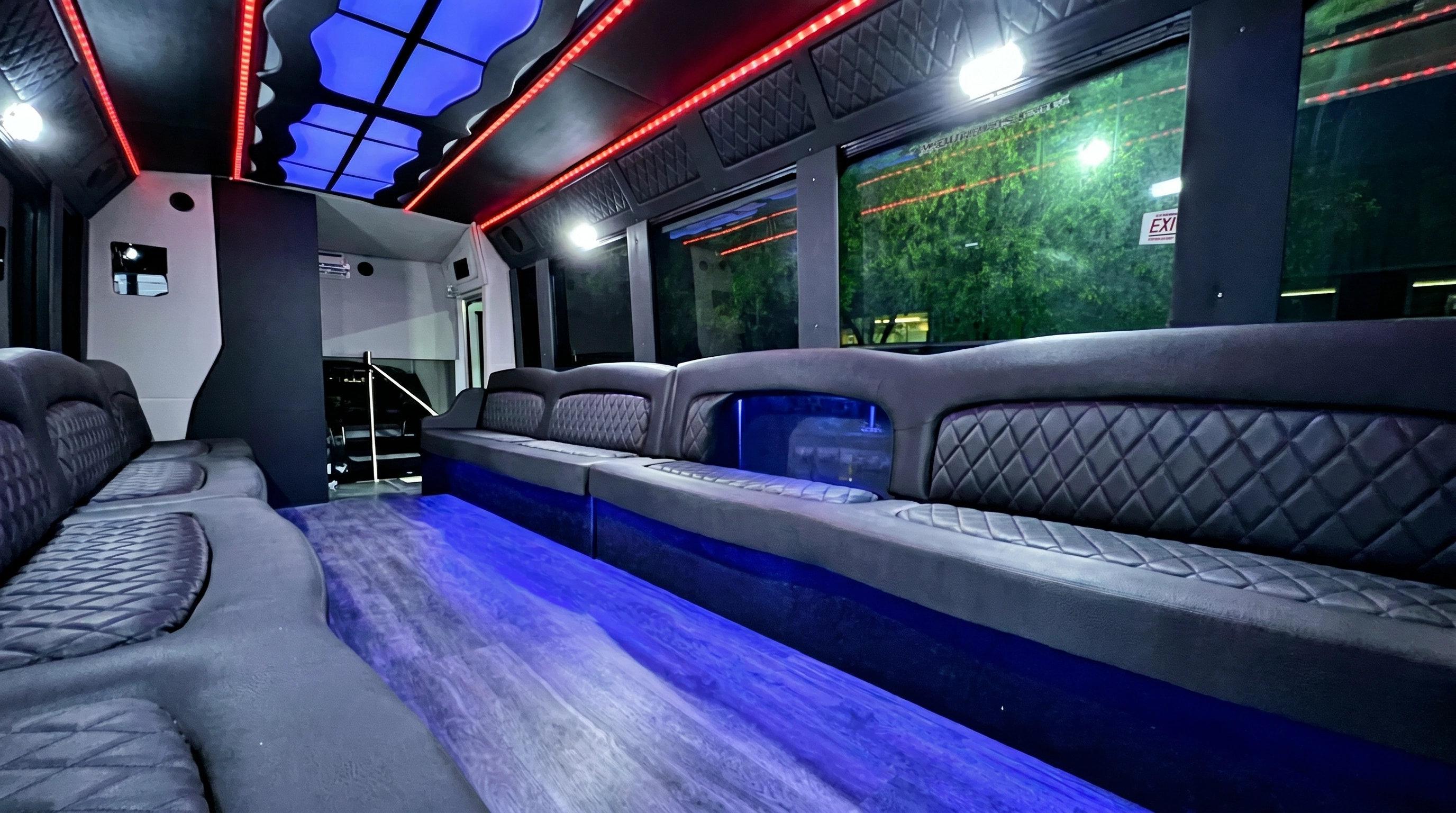 26-passenger limo party bus interior LED lighting JVS Services Cleveland Ohio